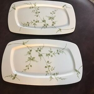Partylite Ceramic Herbal Pattern Cable Trays Plate White Green Foliage 2 avail